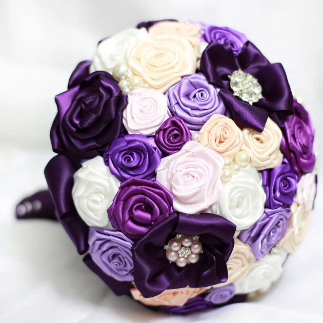 

Purple Ribbon roses pearl bouquet customize any color DIY wedding bridal Bride bouquet bridesmaid bouquets Free shipping