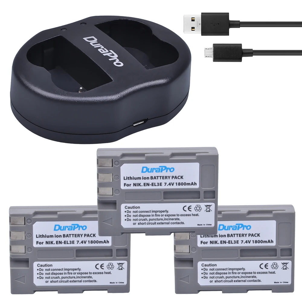 3 шт. DuraPro EN El3e литий ионный аккумулятор + 1 USB двойное зарядное устройство для