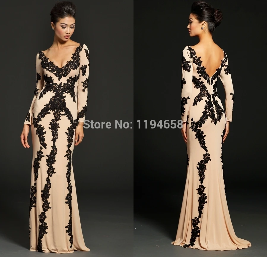Champage Lace Fashion Formal Women V-neck Long Sleeves Evening Dresses Mermaid Special Occassion Prom Gowns Spadex Hot 2014 | Свадьбы и