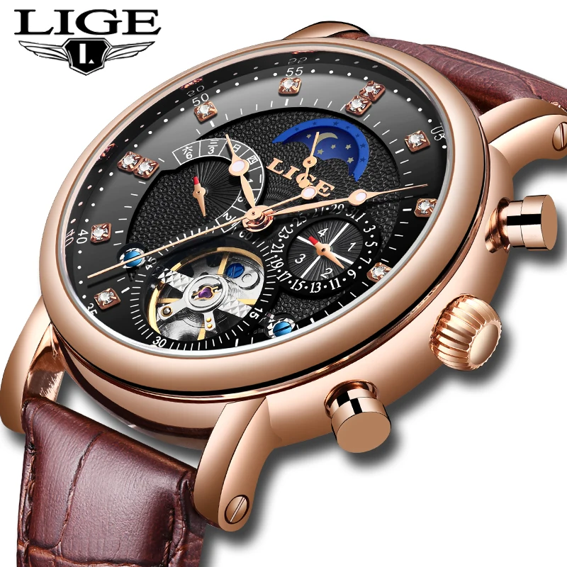 LIGE Брендовые мужские часы автоматические механические Tourbillon спортивные кожаные