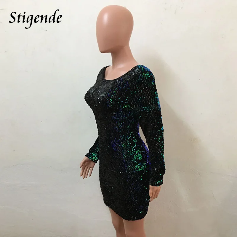 Stigende Women Long Sleeve Sexy Sequin Party Dress Back V Neck Glitter Paillette Green Mini Shining Christmas | Женская одежда