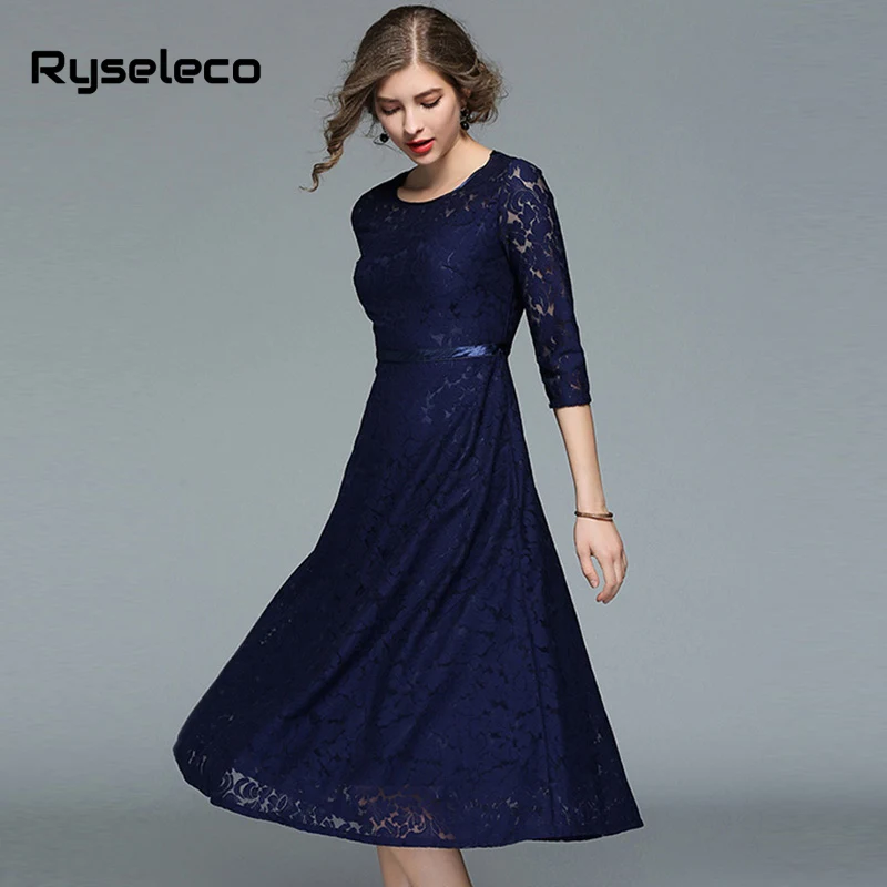 Ryseleco 2018 осеннее модное женское кружевное платье колокол с цветочным рисунком