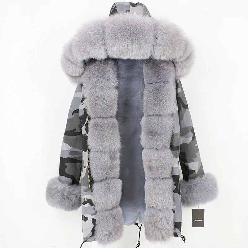 grey camo grey OFTBUY, Длинные парки, зимняя куртка, Женское пальто из натурального меха, натуральный Лисий мех, Отделка капюшона, черная верхняя одежда, уличная одежда, толстая теплая парка - Цвет: grey camo grey