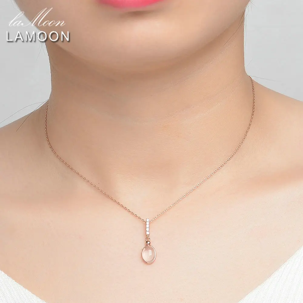 LAMOON 925 пробы Серебряное ожерелье Овальный розовый кварц кулон 18K розовое золото