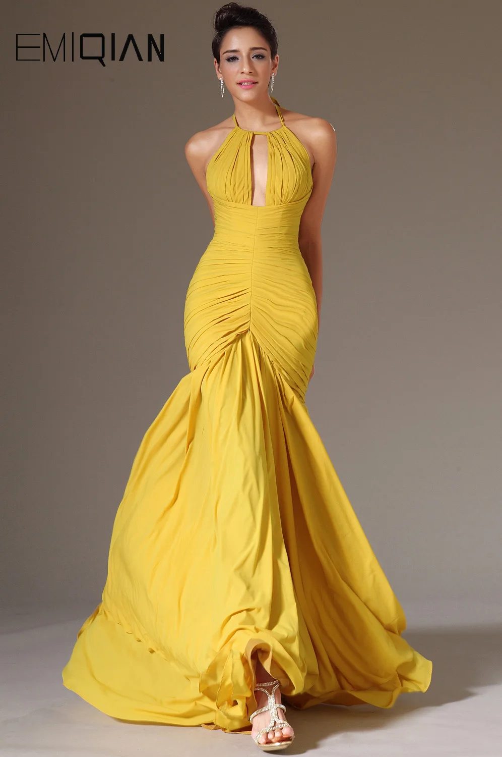 Новинка Желтое шифоновое Плиссированное вечернее платье Длинное с открытой