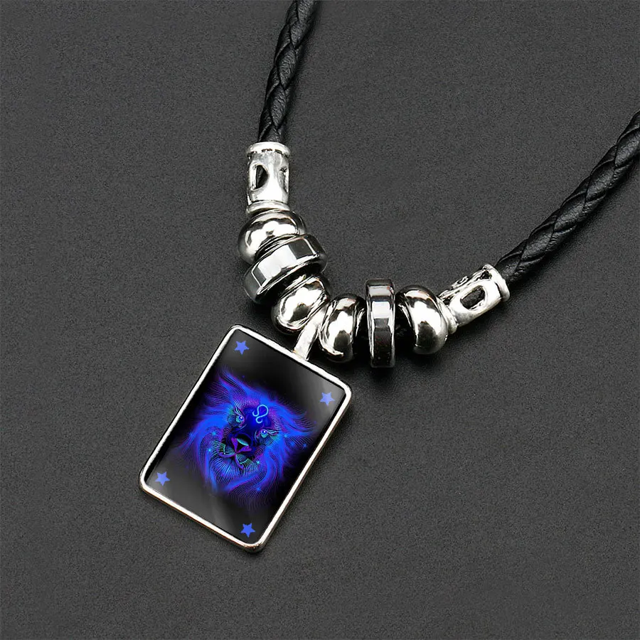 Колье с 12 знаками Зодиака черное плетеное кожаное ожерелье раком Leo Virgo Libra Punk