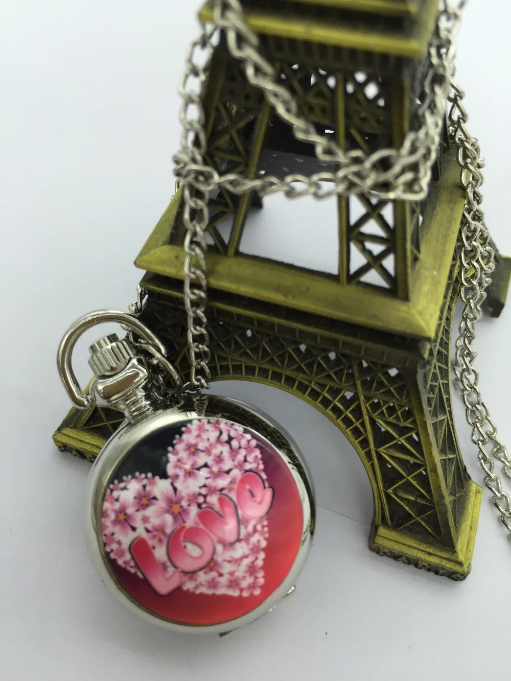 

New Fashion quartz heart White steel pendant Flip the mirror clock Necklace pocket watches gift