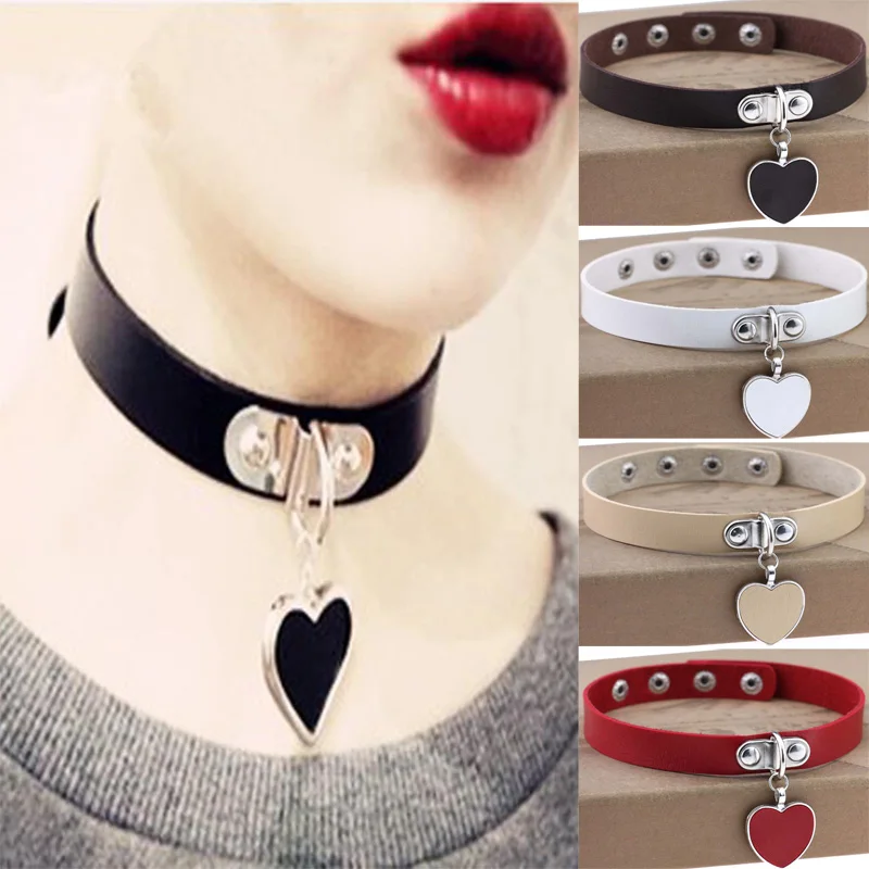 Черный Красный Модный панк готика заклепки кожа сердце кулон воротник нагрудник