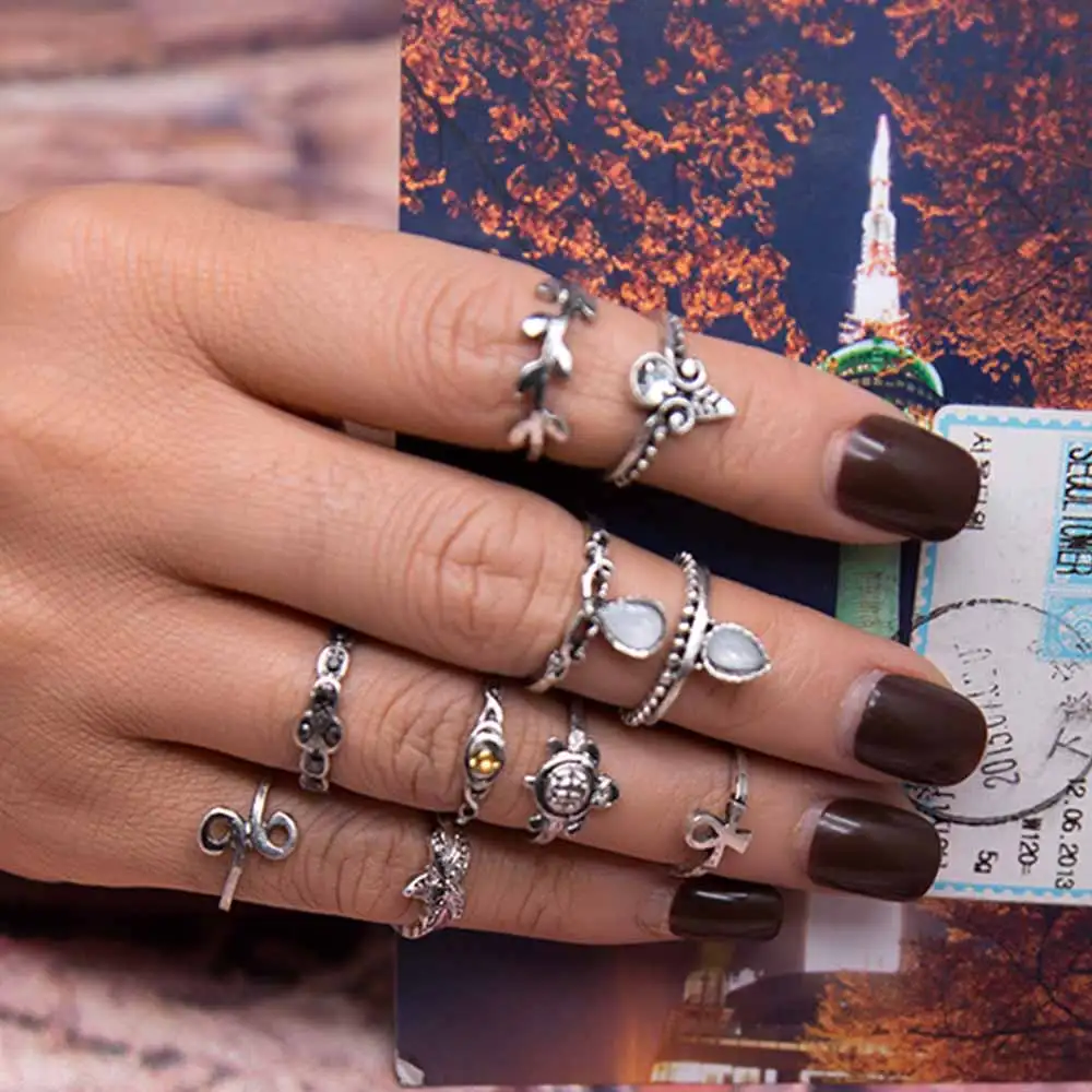 BXW 10 шт./компл. Boho винтажное милое кольцо с черепахой набор открывающиеся кольца