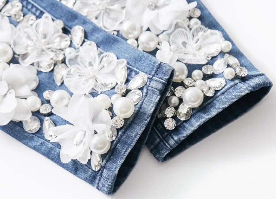 New Fashion Female Slim Beading Lace Flowers Denim Skinny Pencil Pants Trousers Rhinestones Diamond Streetwear Jeans
