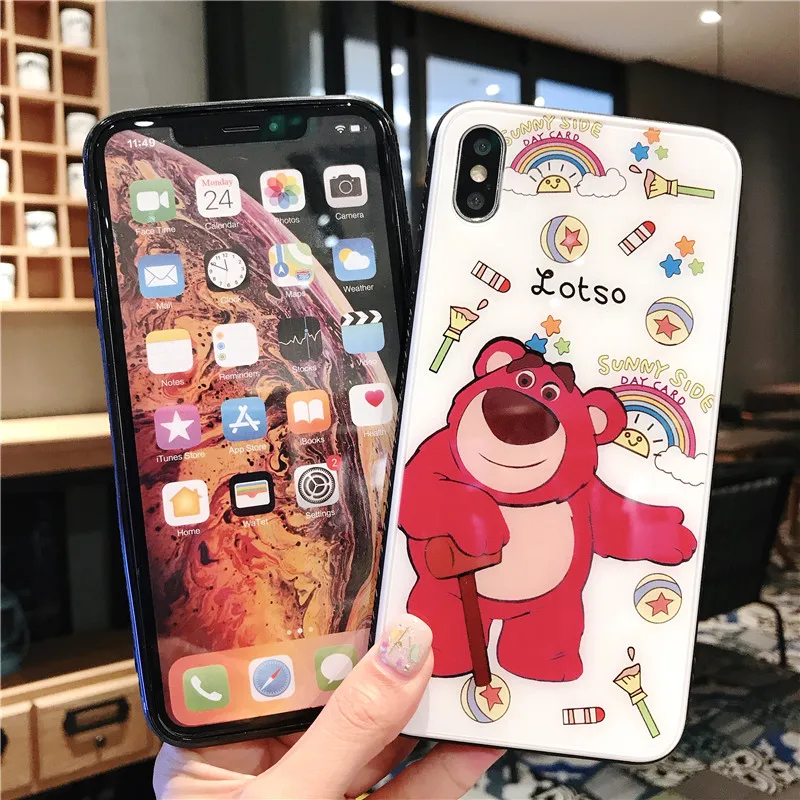 Мультфильм для iPhone6s 7 8 закаленное стекло чехол iPhone X Xs XR Max маленький белый край