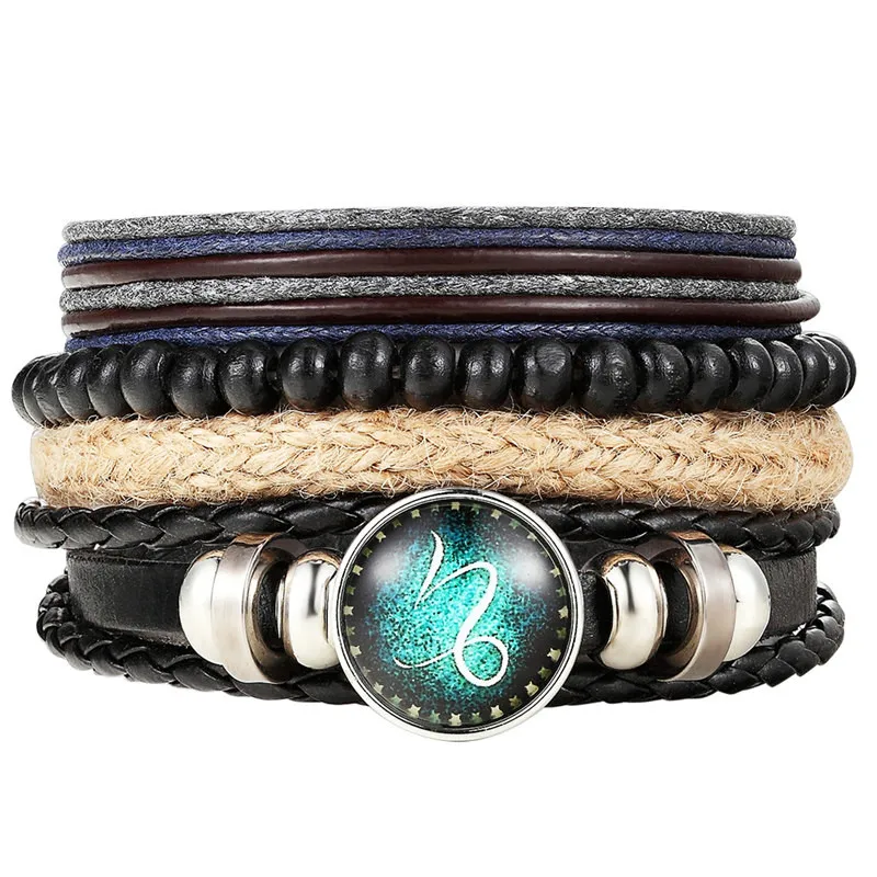 4Pcs/set Black Leather Zodiac 12 Constellation Sign with bead zodiac Bracelet Bracelets &amp Bangles For Women Men | Украшения и