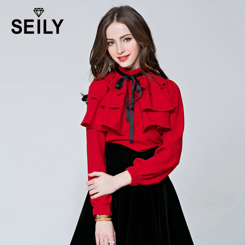 Seily 2018 винтажная красная Офисная Женская рубашка с бантом и длинным рукавом