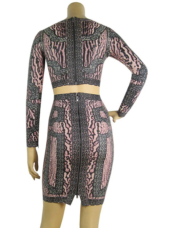2014 New Promotion Bandage Top Below The Knee Dresses Women See-through Pink Black Snake Print Full Sleeve Sexy Two Piece Dress | Женская