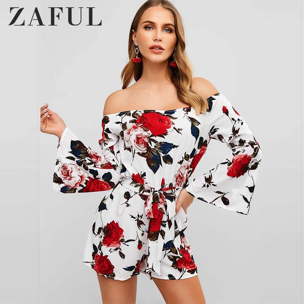 ZAFUL Ремни с открытыми плечами Цветочные комбинезоны расклешенными рукавами