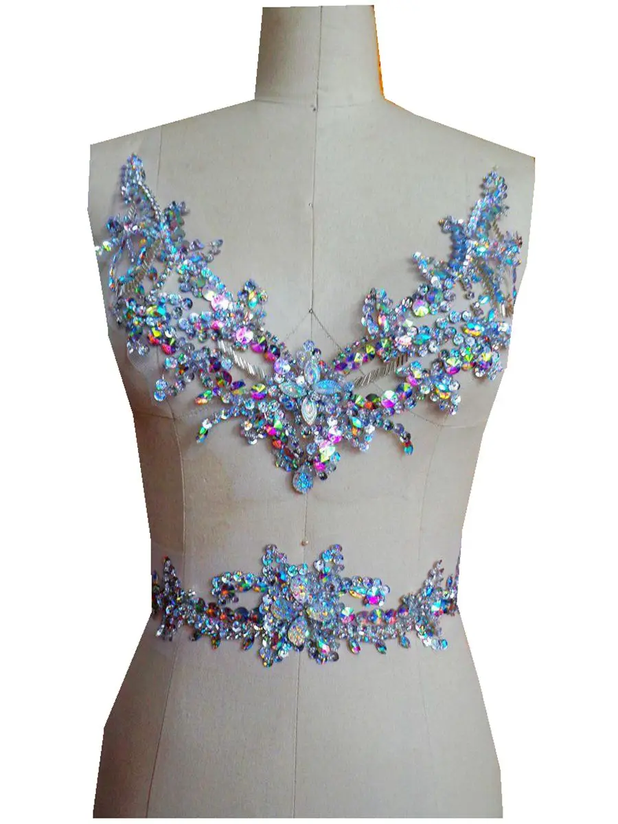 

Pure hand made clear AB colour sew on Rhinestones applique crystals patches 29*26cm/38*7cm for dress DIY dress accessory