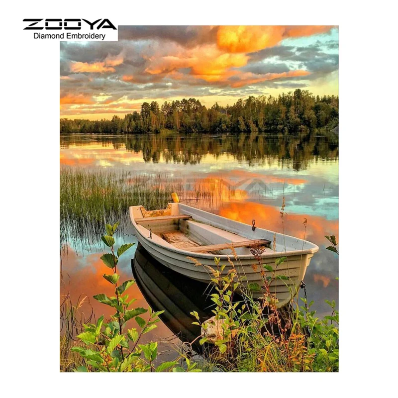 ZOOYA Алмазная вышивка сделай сам алмазная живопись пейзаж закат озеро лодка