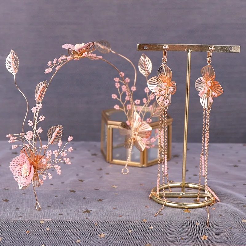 pink rose flower hairbands earrings Bride Jewelry New Korean leaf hoop head wear Earrings Set Wedding hair jewelry | Украшения и