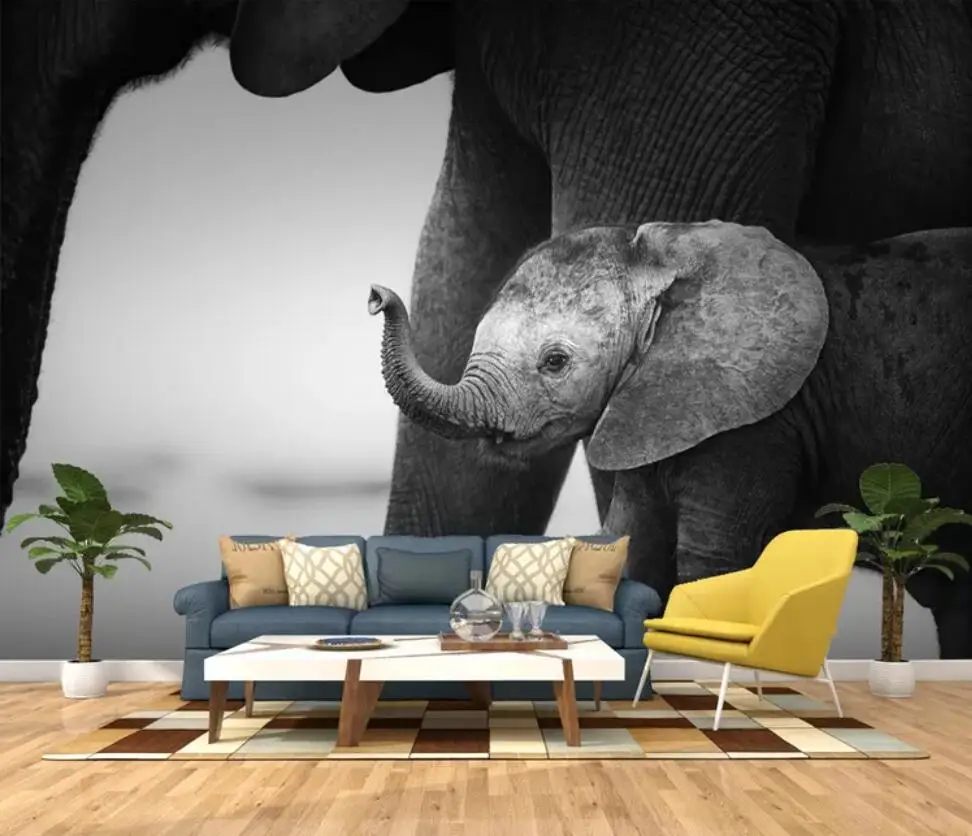 Black and white Nordic minimalist elephant animal background wall paper murals decorate wallpaper murals