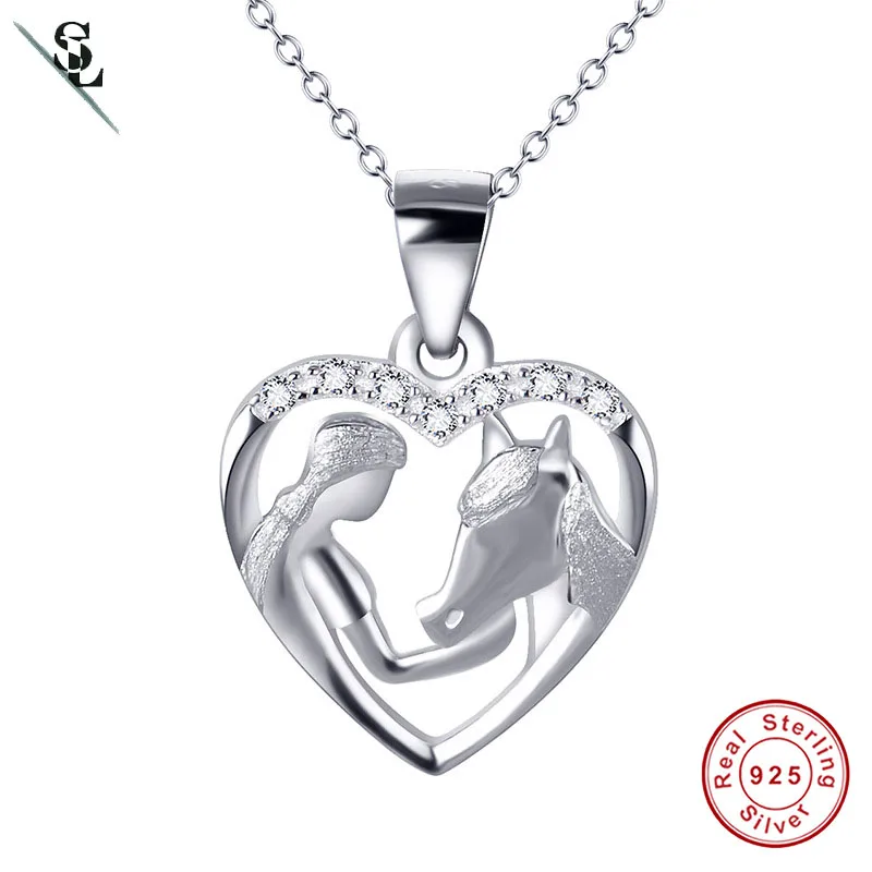 Sales Silver 925 Jewelry Girl Feeding Horse Pendant Necklace Heart Women Fine Jewelry caballo collana signora