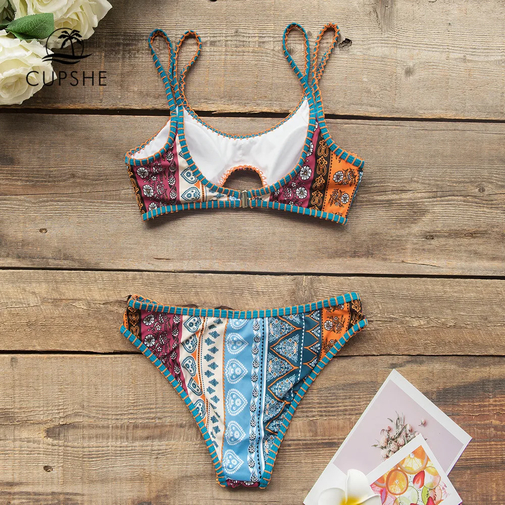Женский купальник CUPSHE бикини с принтом Бохо и глубоким вырезом низкой посадкой