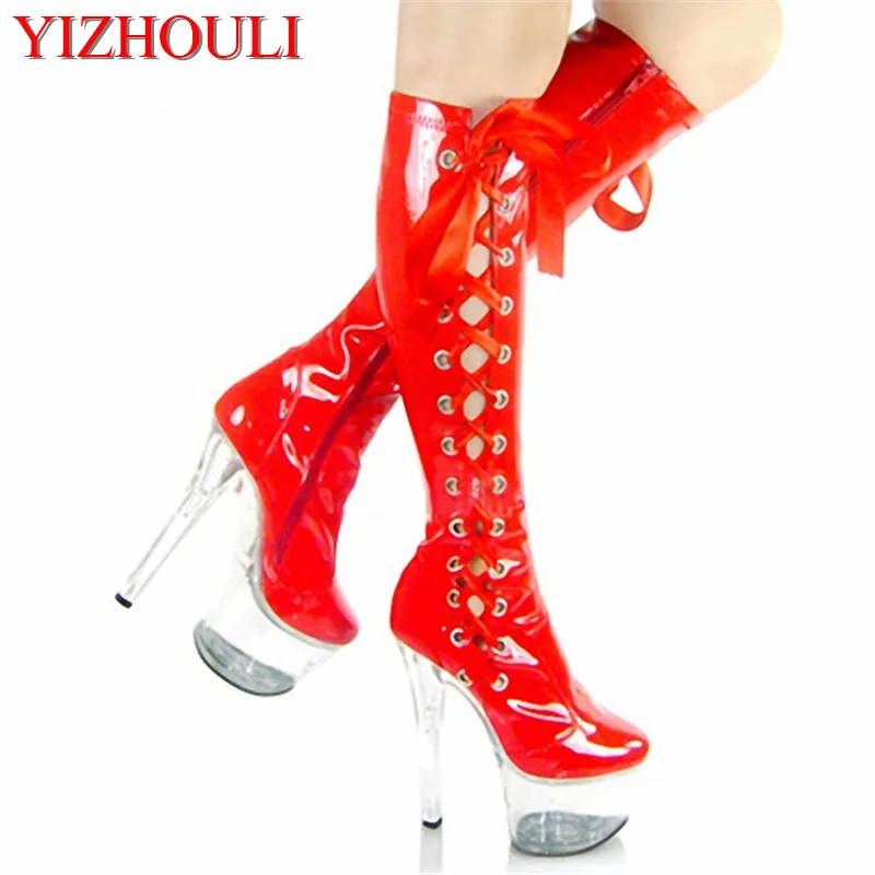 15cm patent leather boots, high heels and large size crystal women's boots, pure color model runway Dance Shoes