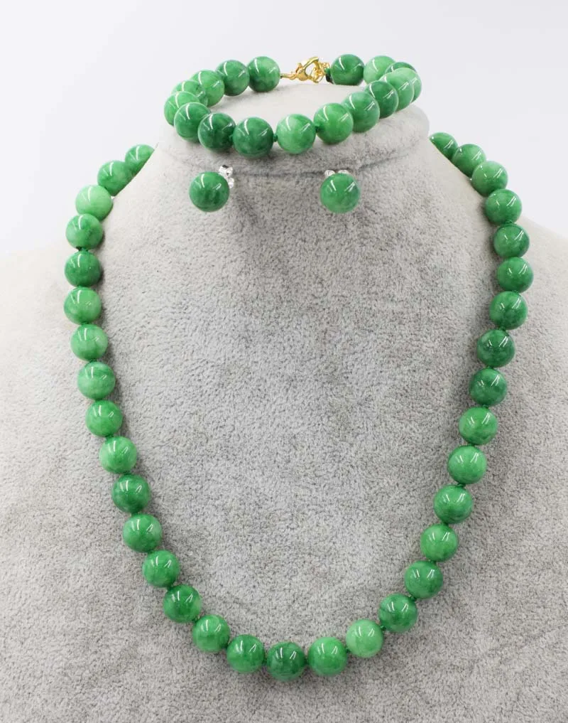 

one set green jade round 10mm bracelet earrings necklace 18inch wholesale beads nature FPPJ woman 2017