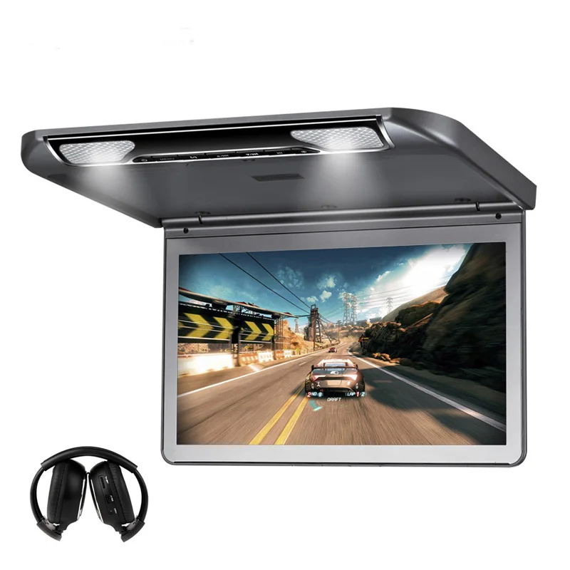 Grey with headphone MP5 плеер 13,3 дюймов Full HD 1080P откидной монитор с креплением на крышу с HDMI USB SD встроенный ИК/FM передатчик потолочный телевизионный для автомобиля - Цвет: Grey with headphone