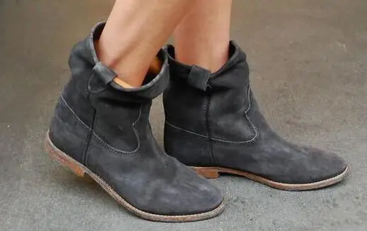 

Женские зимние ботинки, мотоциклетные ботинки из телячьей кожи, на плоской подошве, с увеличивающим рост каблуком, в стиле ретро, ковбойские плиссированные ботильоны