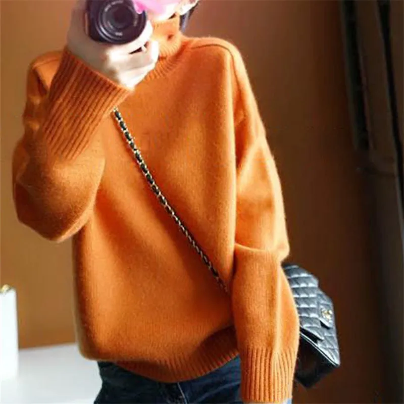 

Orange Natural cashmere sweater female high collar warm winter thick pullover sweater loose lazy knit bottoming shirt