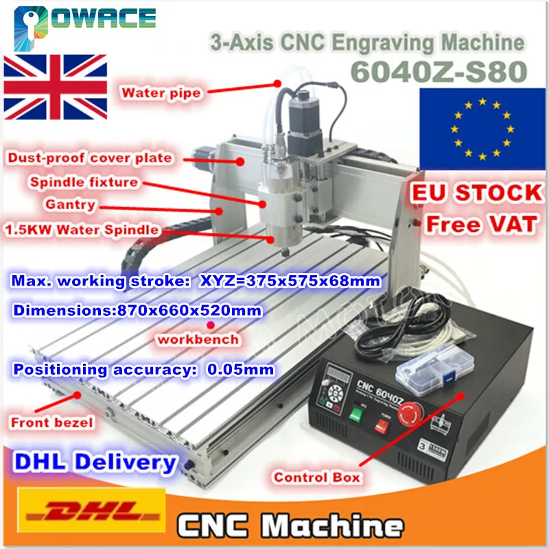 

[EU Stock/Free VAT] 3 Axis 6040 1500W Spindle Mach3 6040Z-S80 CNC Engraving Milling Machine 110V/220VAC DB25 Port