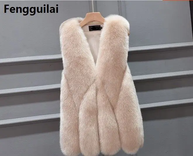 khaki Новое поступление, зимний теплый модный брендовый женский жилет из искусственного меха, пальто из искусственного меха, жилет из лисьего меха, Colete Feminino, плюс размер, S-4XL - Цвет: khaki