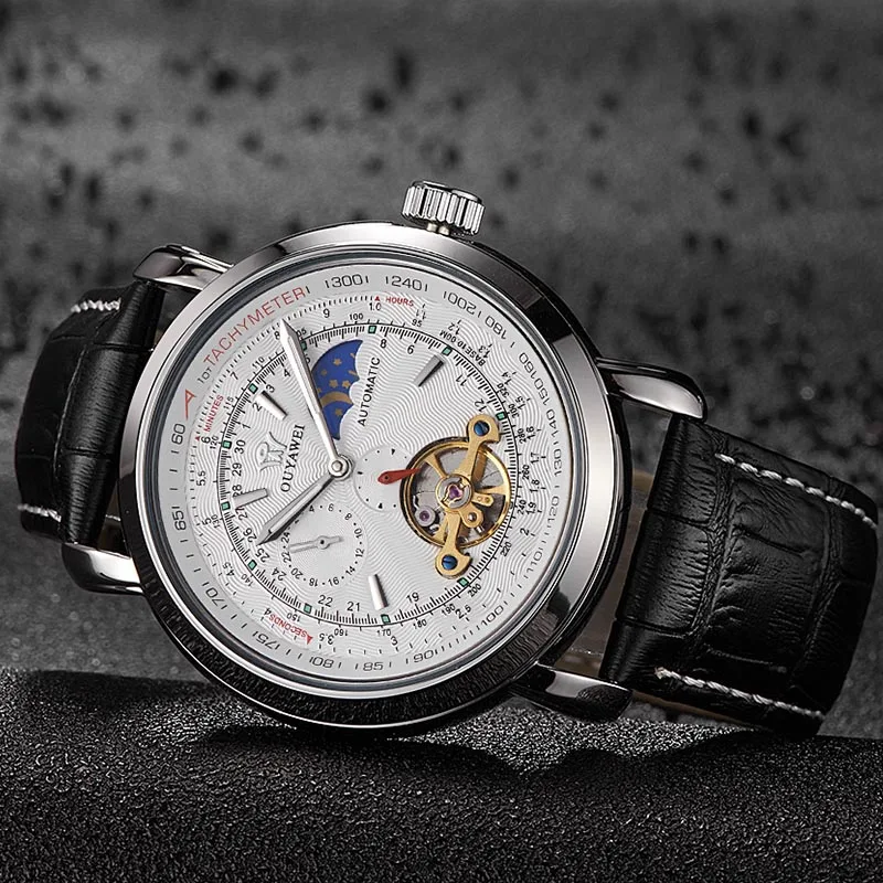 Tourbillon Мужские часы Топ бренд Роскошные автоматические механические кожа военные