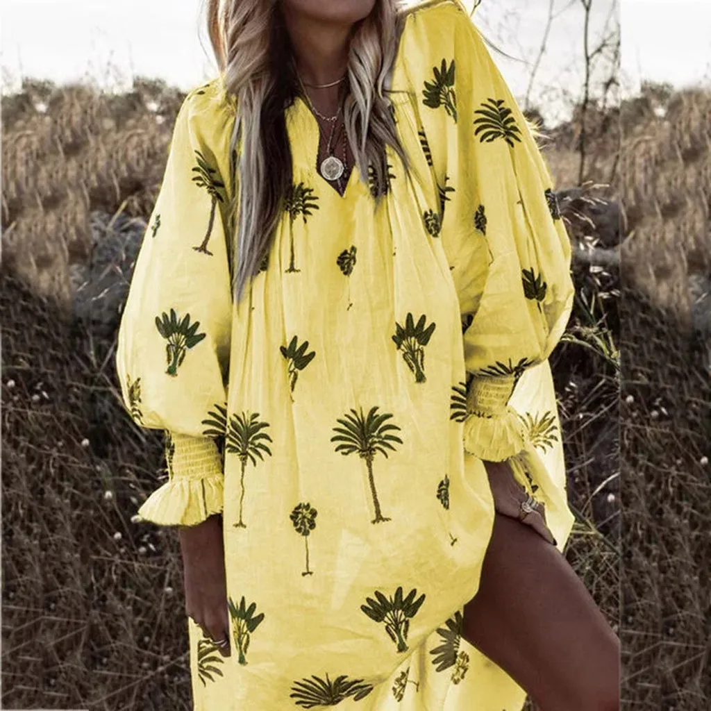 2019 Для женщин с печатным рисунком и длинным рукавом Свободные отворотом платье