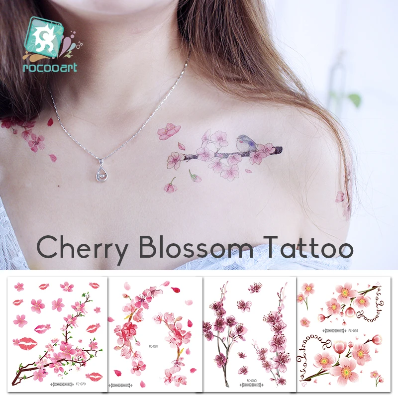 Rocooart Sakura Tattoo Stickers Flowers Fake Tattoos For Women Hand Tattoo Body Art Waterproof Arm Tatoo Cherry Blossom Tatto