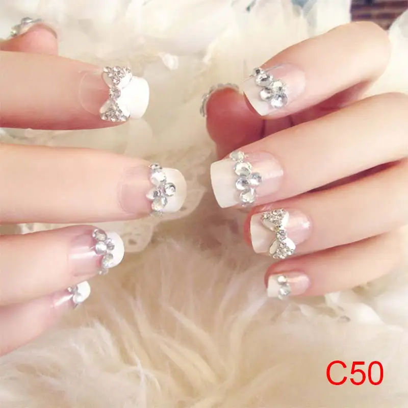 24 Pcs/Set 3D Fake Nails With Glue Wedding Bride Full Nail Tips Middle-Long Cute French False CD88 | Красота и здоровье