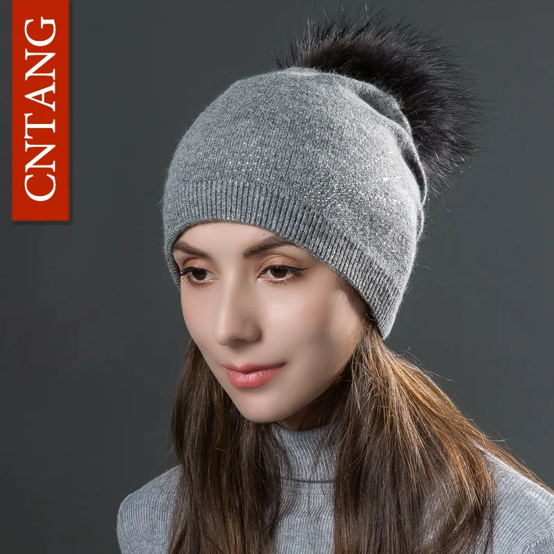 Gray Dark gray Pom CNTANG Стразы вязаный шерстяной Шапки с натуральным мехом енота меховой помпон шапки осень-зима теплая шапка для Для женщин модные шапки-бини - Цвет: Gray Dark gray Pom