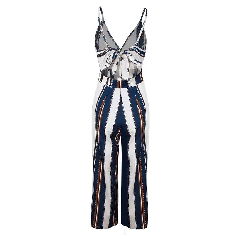 

Multi Color Striped Print Jumpsuit Nice Vogue Deep V Neck Long Warp Overalls Beach Wide Leg Jumpsuit Women Overalls Combine