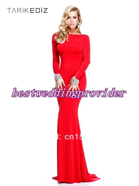 Tarik Ediz New 2014 Sexy Backless Chiffon Sheath Beads Long Sleeves Evening Prom Party Dresses Court Train | Свадьбы и торжества
