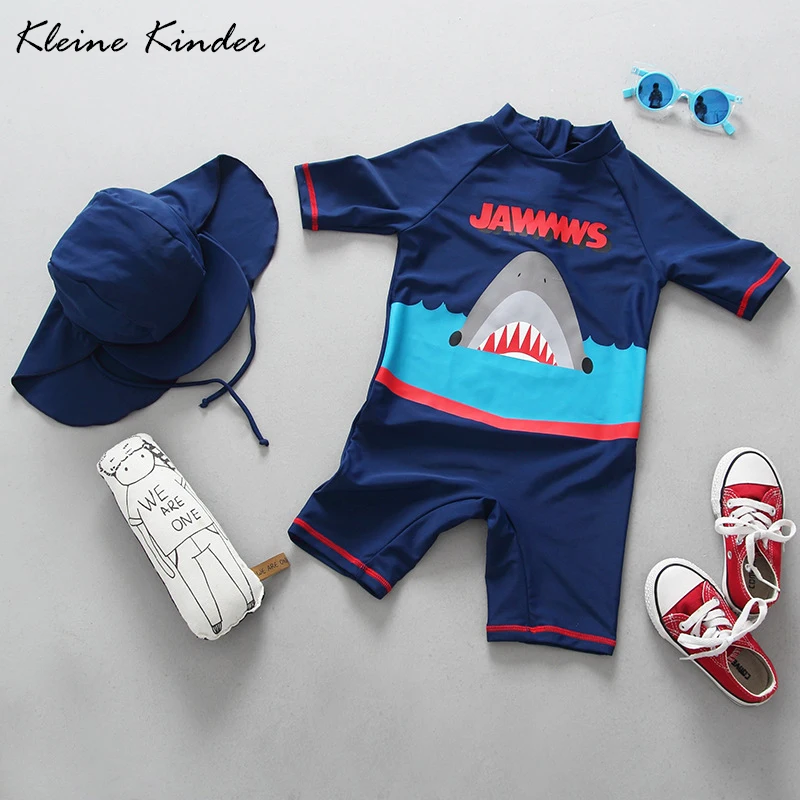 Boys Swimwear One Pieces Swim Suit with hat Cartoon Shark Print Baby Boy Bathing Suits Children's Swimsuit Beach Wear |