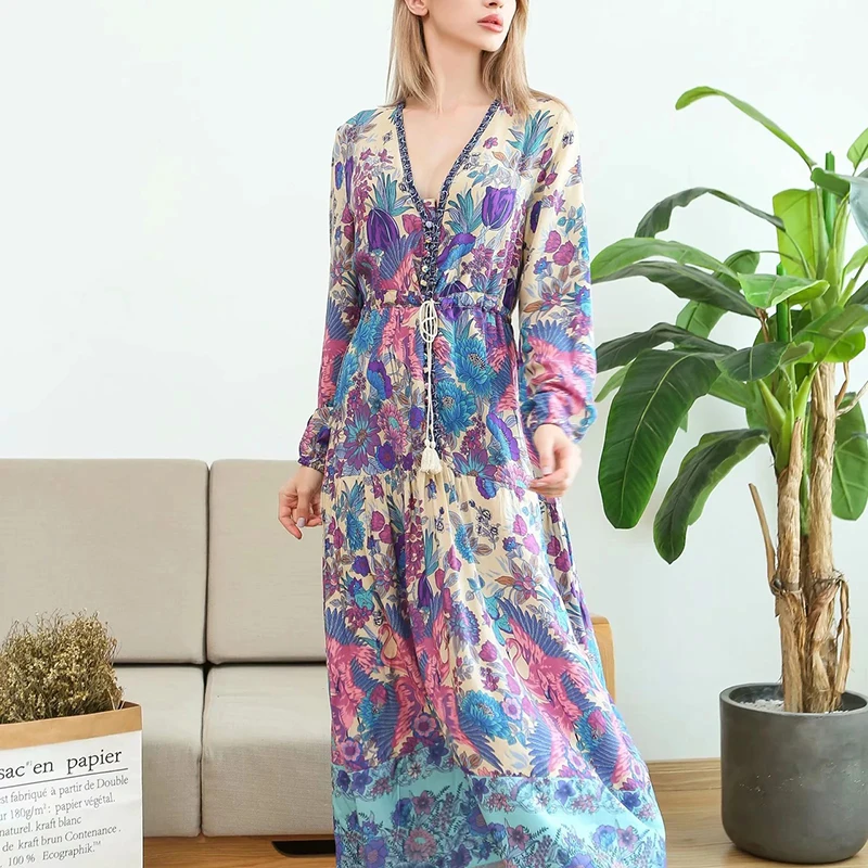 Boho Фламинго осеннее платье с длинными рукавами экзотические Цветочный принт