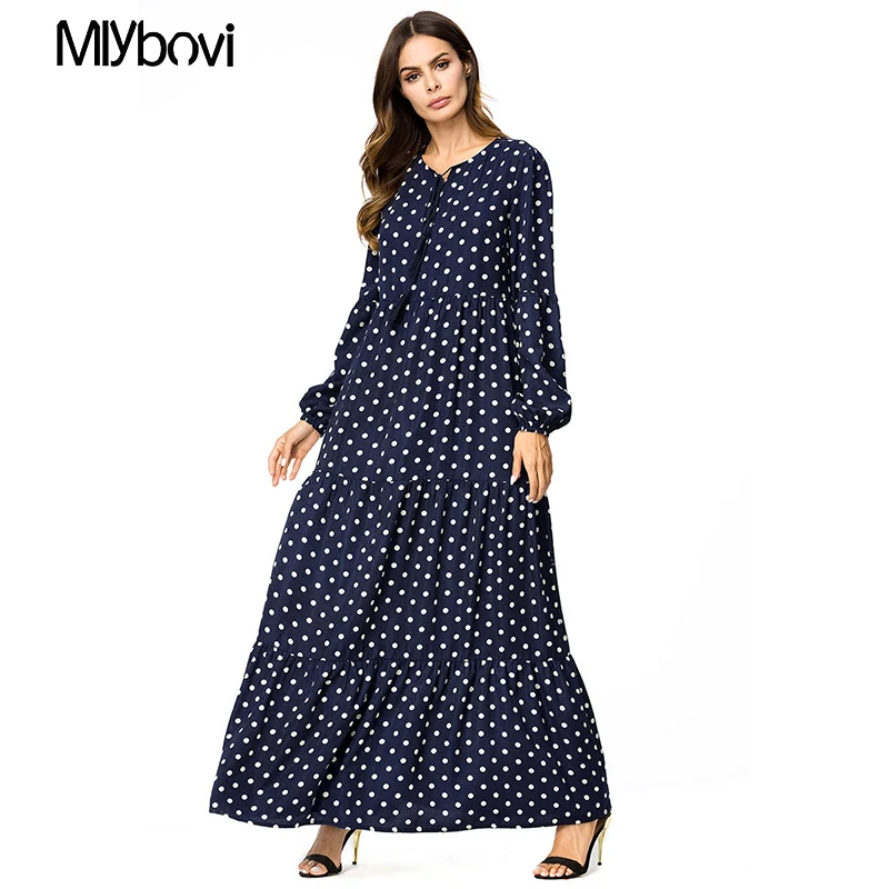 Модные женские туфли Макси длинное платье Винтаж в горошек одежда с длинным