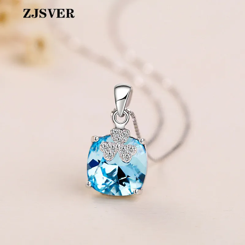 ZJSVER синий квадратный кристалл клевер кулон Мода серебро Женская цепочка на