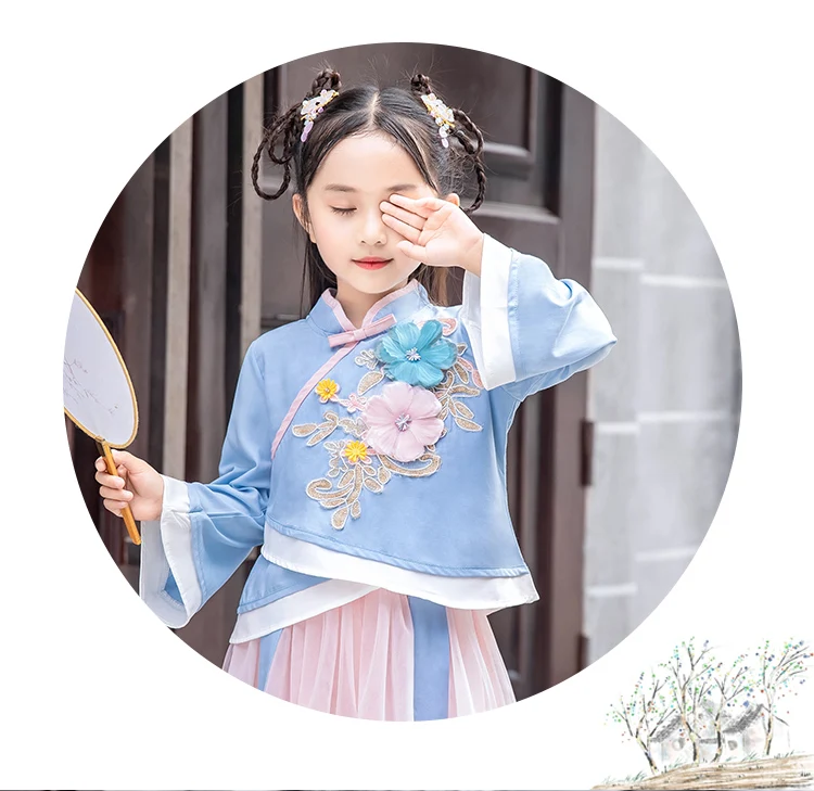 Hanfu/комплект одежды для девочек, осень года, китайский стиль, топ с цветочным принтом для маленьких девочек+ юбка, костюм из двух предметов для девочек, Детский костюм, От 3 до 10 лет