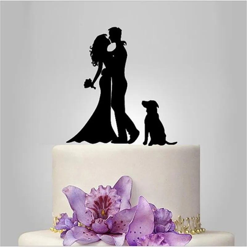 

Personalized Acrylic Cake Topper Bride and Groom Silhouette Wedding Cake Topper with Dog Wedding Decoration