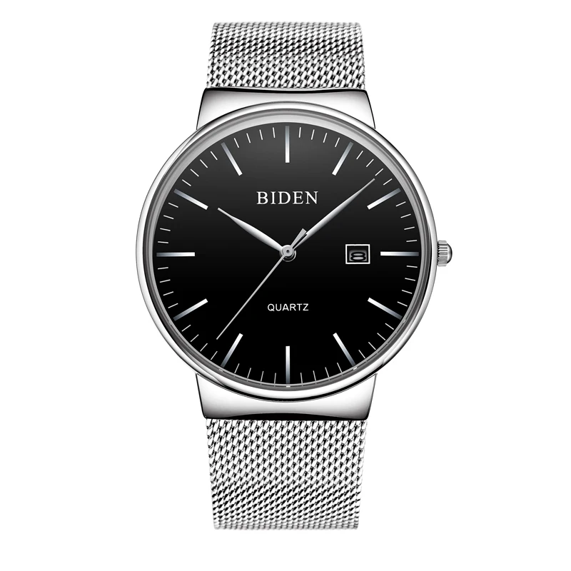 Silver black Модные Роскошные Мужские кварцевые часы с синим сетчатым ремешком, мужские деловые часы, водонепроницаемые спортивные наручные часы с календарем, Брендовые Часы BIDEN - Цвет: Silver black