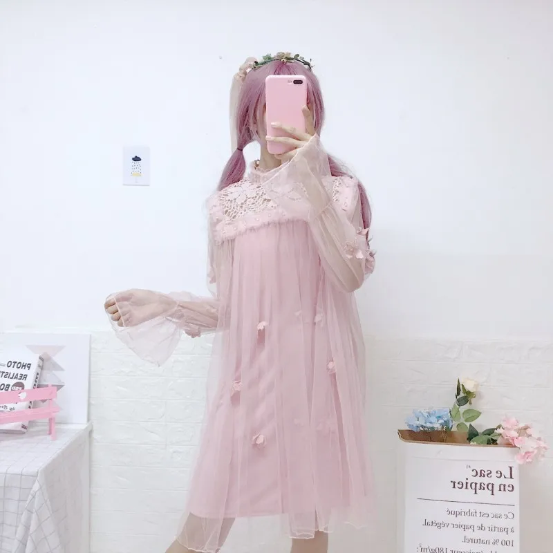 

2019 Summer New Japanese Fairy Cute Kawaii Dress Flare Sleeve Mesh Lace Lolita Style College Elegant Sweet Dress