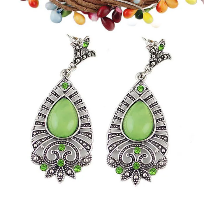 

Ethnic Tribal Retro Silver Rhinestone Resin Gem Hollow Out Drop Dangle Earring Ear Stud Jewelry