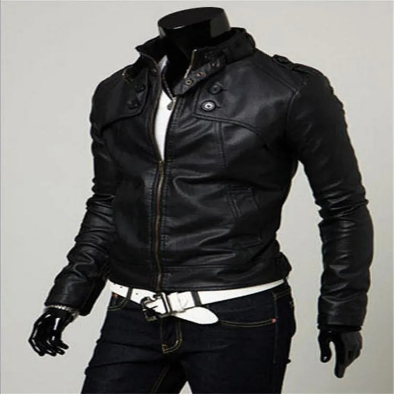 Korean version men's artificial leather pu jacket coats zipper stand collar Slim casual locomotive short paragraph | Мужская одежда