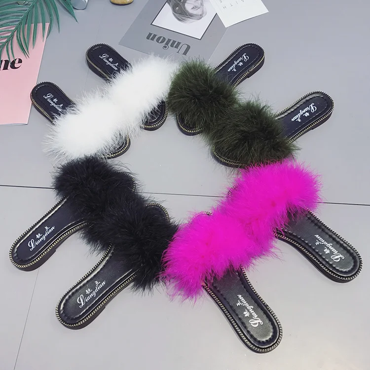 Летние сандалии-шлепанцы модные шлепанцы с страусиными перьями Милые пляжные